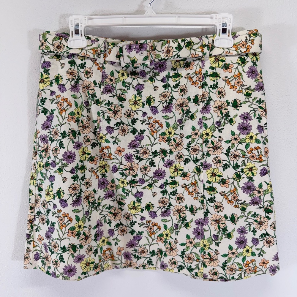 Loft Belted Mini Skirt White Multicolor Floral Lightweight Denim Mini Skirt 6